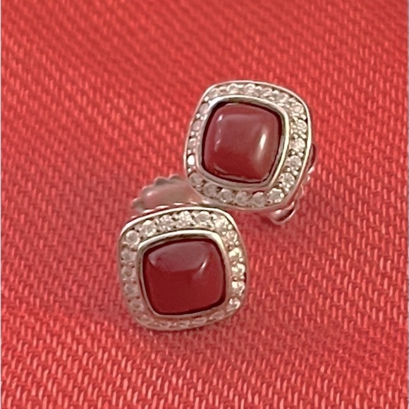 David Yurman Petite Stud Albion Red Carnelian Pave’ Diamond Earrings - Picture 1 of 8